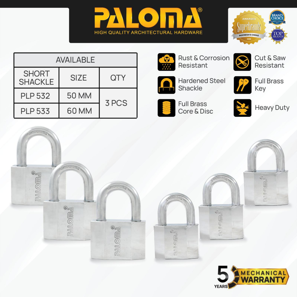 PALOMA Gembok Padlock Pagar Loker Kunci Pintu Leher Pendek Shackle Short Baja Hardened Steel Chrome 