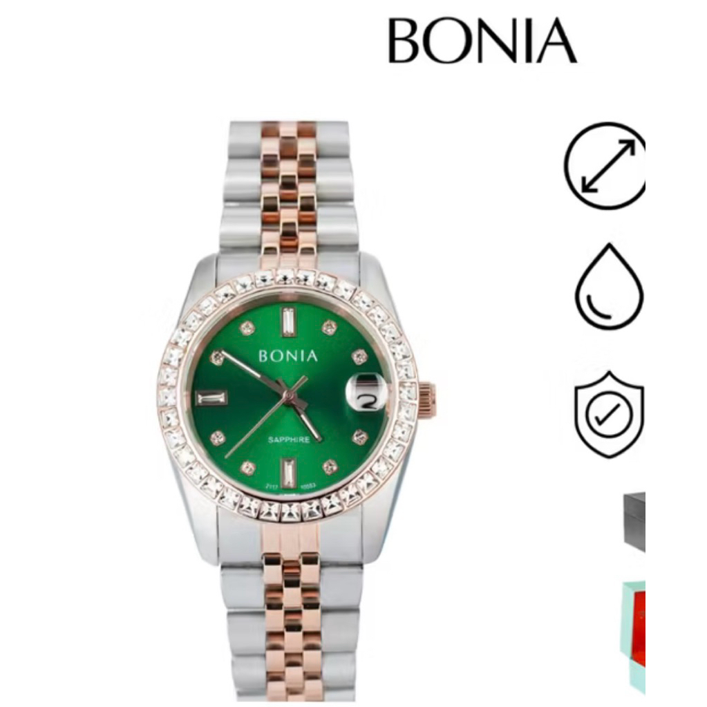 Preloved JamTangan Bonia Silver Gold Green