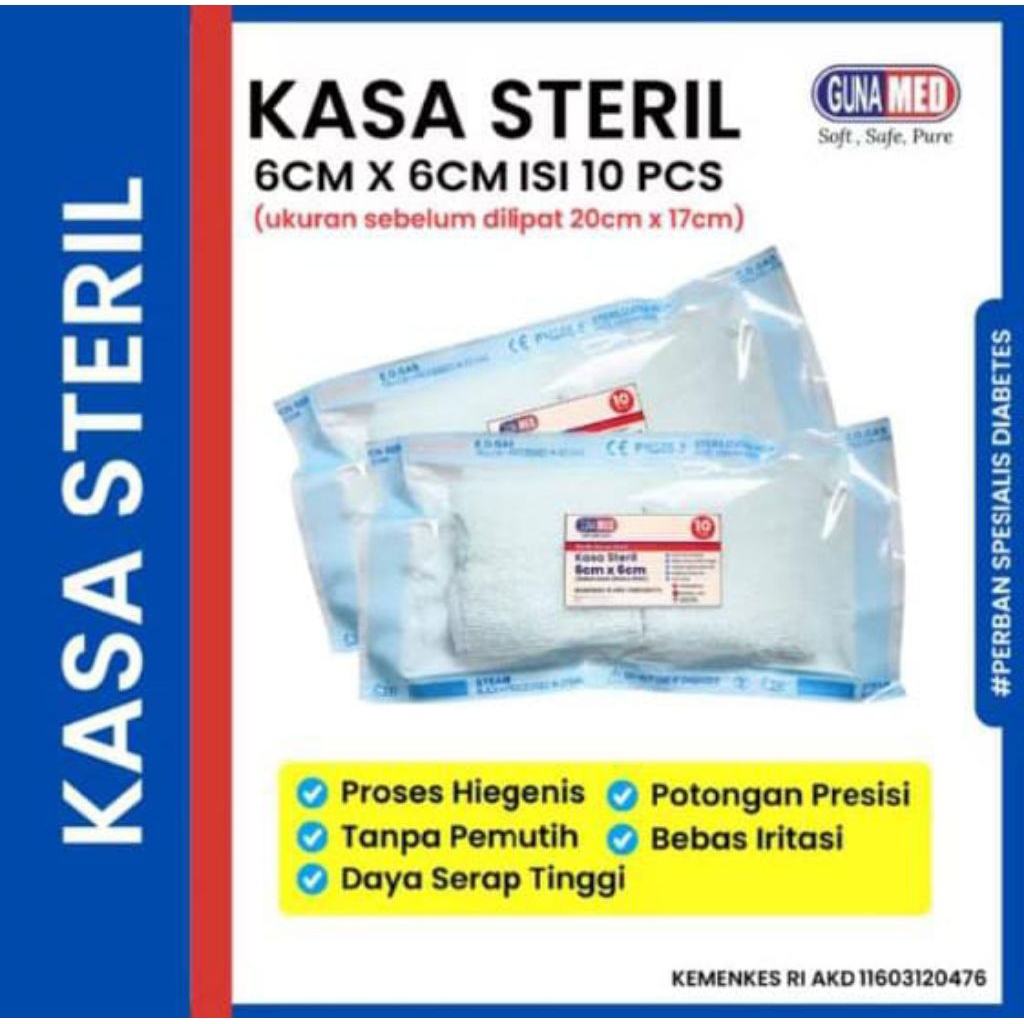 GUNAMED KASA STERIL UKURAN 6CM X 6CM  ISI 10PCS / POUCH / BAHAN KASA 20CMX17CM/KASA SPESIALIS LUKA D