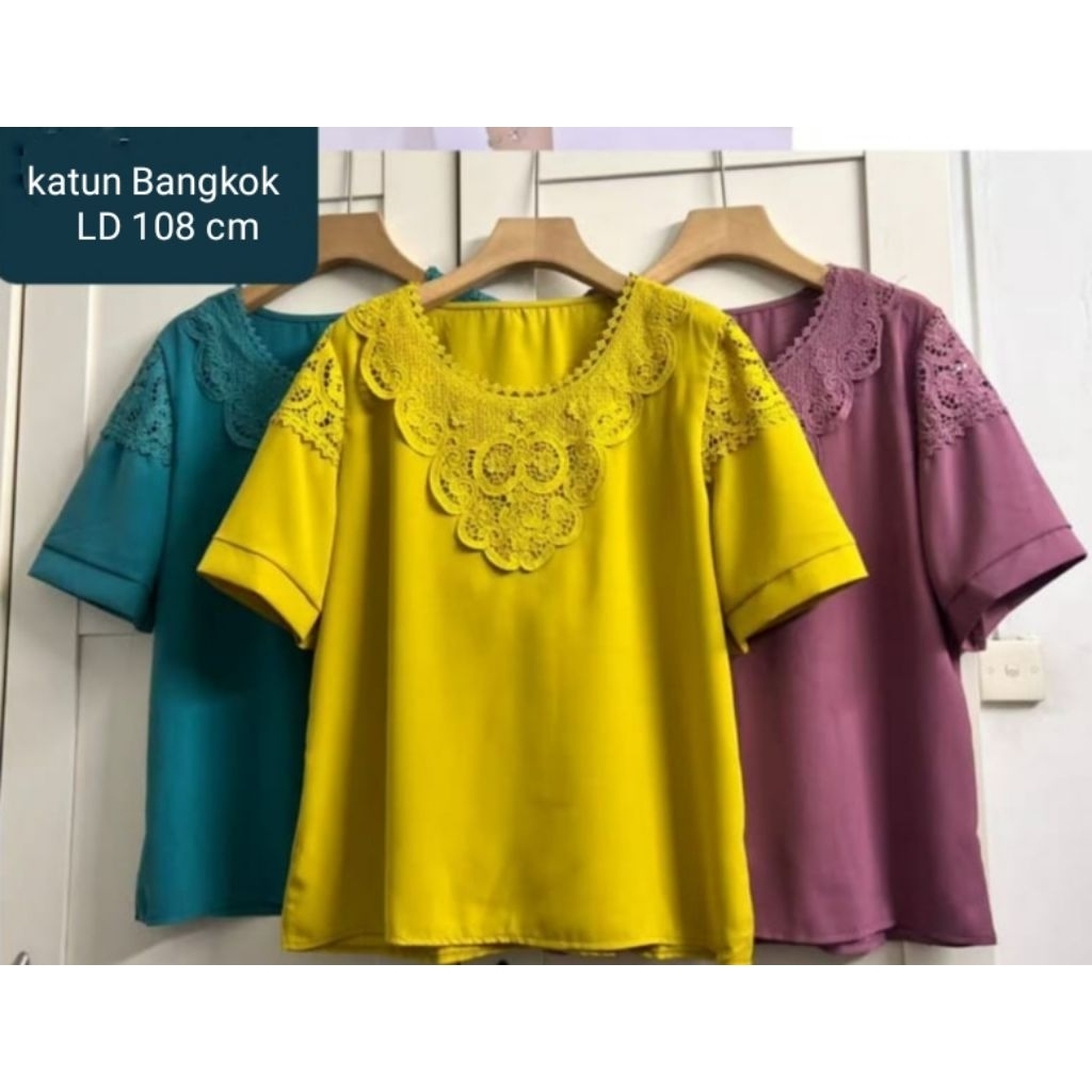 READY BAJU ATASAN CANTIK KATUN SILKY  MIX BROKAT LD 108CM