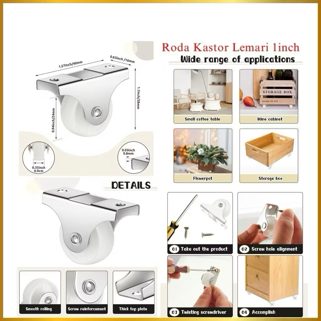 (GROSIRAN) Roda Kastor Lemari 1 Inch Roda Trolly Nylon Plate Caster Mini Roda Kastor Etalase Serbaguna