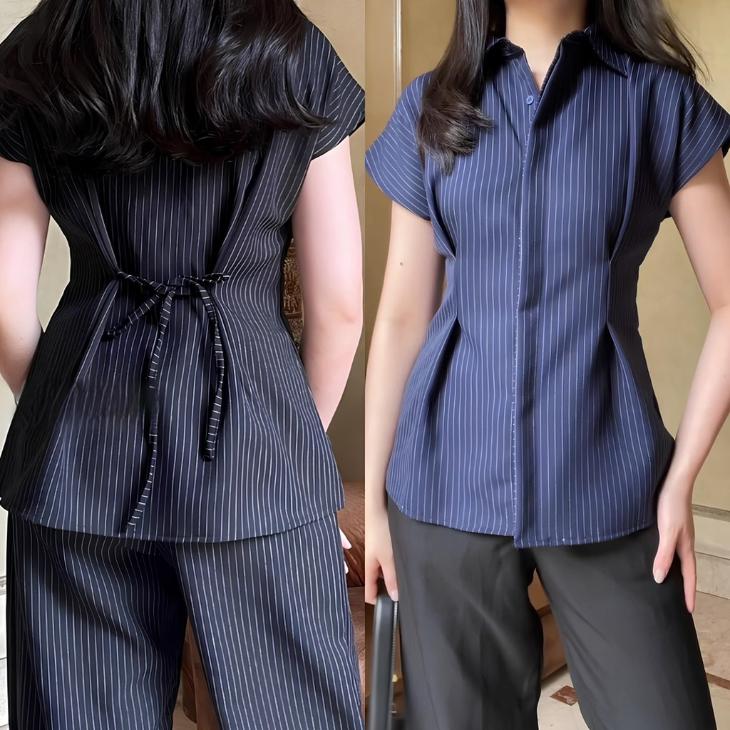 Alba Top - Kemeja Salur Wanita Lengan Pendek | Baju Atasan Slimfit Fit Body | Kemeja Wanita Wispie K