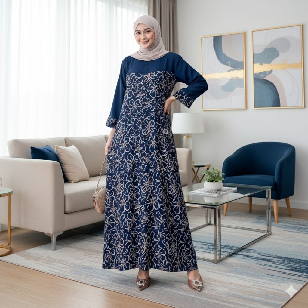 Midi Dress Kekinian Rayon Rempel Busui Lengan Panjang Batik Homedress