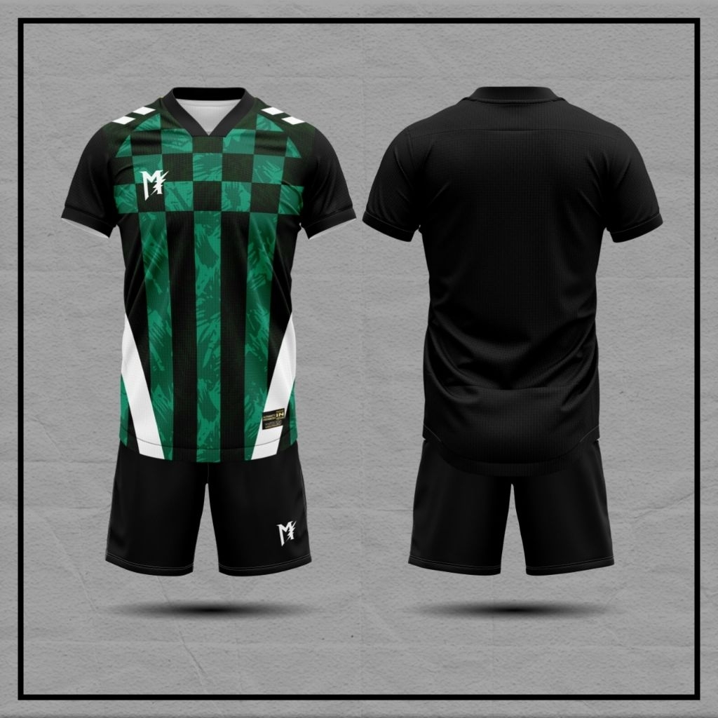 Jersey Muzakar hitam dan hijau motif kotak-kotak dan garis