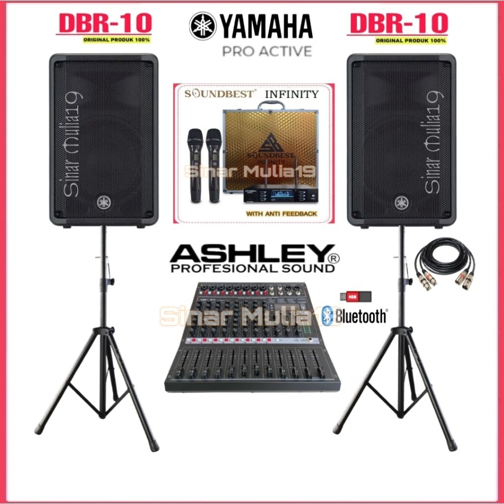 Paket Sound System Speaker Aktif YAMAHA DBR10 Original Mixer ASHLEY 10 Ch Bluetooth Mic Wireless Sou