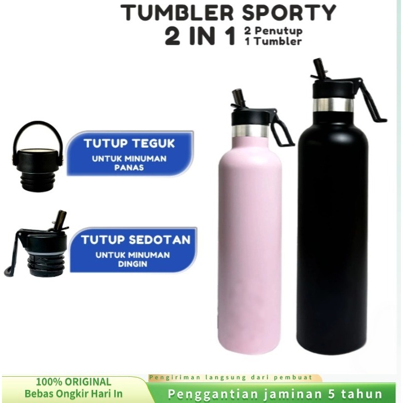(COD) 1Tumbler2 Penutup-Botol Minum 1 Liter Tumbler Stainless Vacuum Termos Tahan Panas Dingin 24 Ja