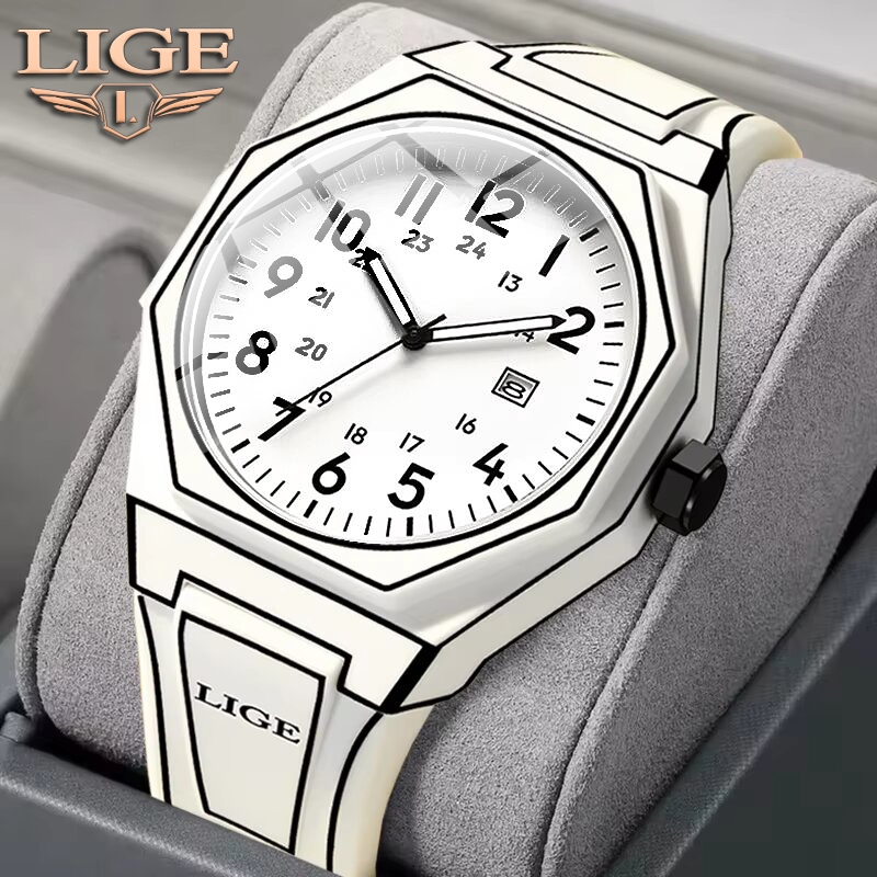 LIGE Fashion Jam Tangan Pria Watch Quartz Original Business Silicone Strap Wrist Watch Waterproof Ch