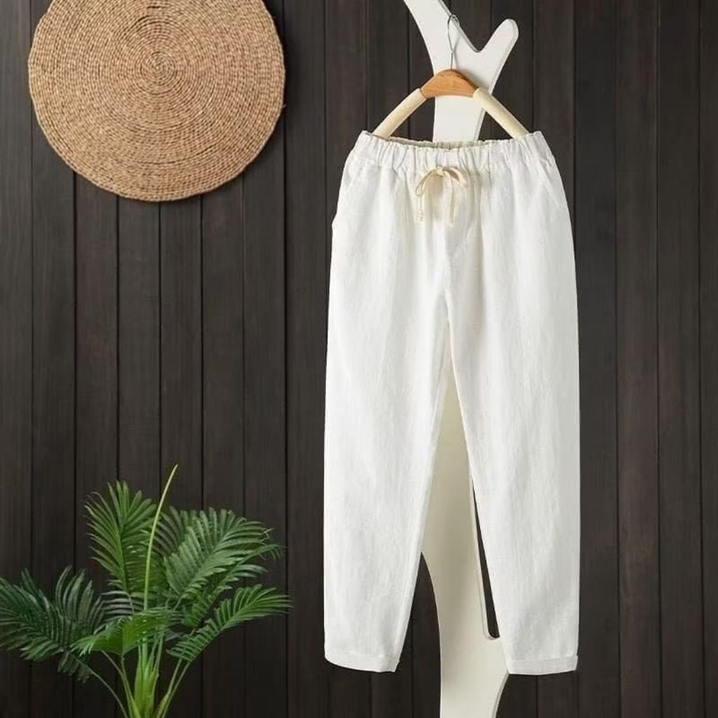Celana wanita katun linen 7/8 korean style // celana wanita linen baggy pants