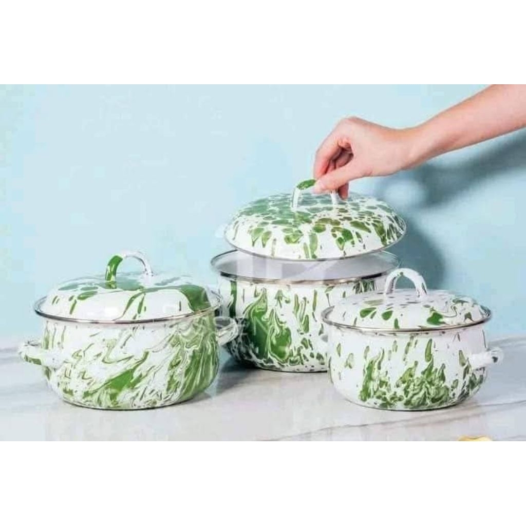 Panci Enamel Jadul Isi 3 Pcs|Panci Lurik|Panci Set Jadul Nagako