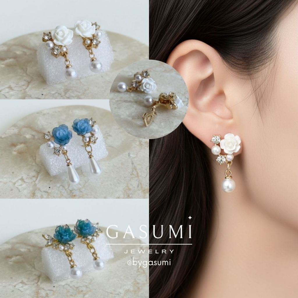 CAMELIA - Anting Jepit Tanpa Tindik Bunga Mutiara Kristal Biru Putih Earclip Clip Earrings Klip Giwa