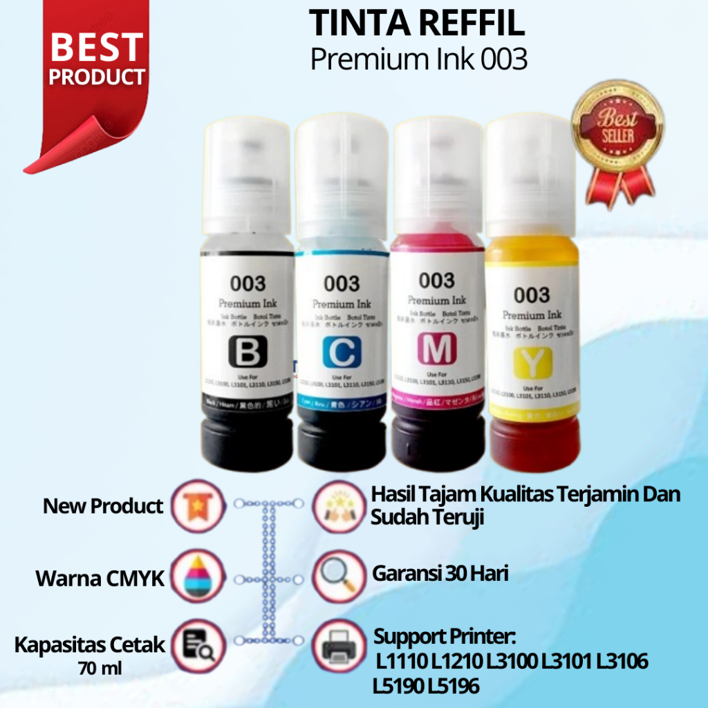 Tinta Refill Epson 003 Ink 1 Set For Printer Epson L1110 L3210 L3110 L3210 L5190 L5290