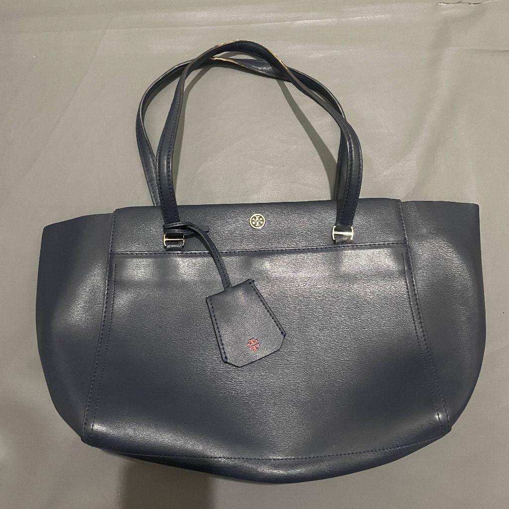 DEWASA F035 (TORY BURCH ORI, PRELOVED) Tas Parker Tote Bag Leather Kulit Resleting Hand Bag Navy Ora
