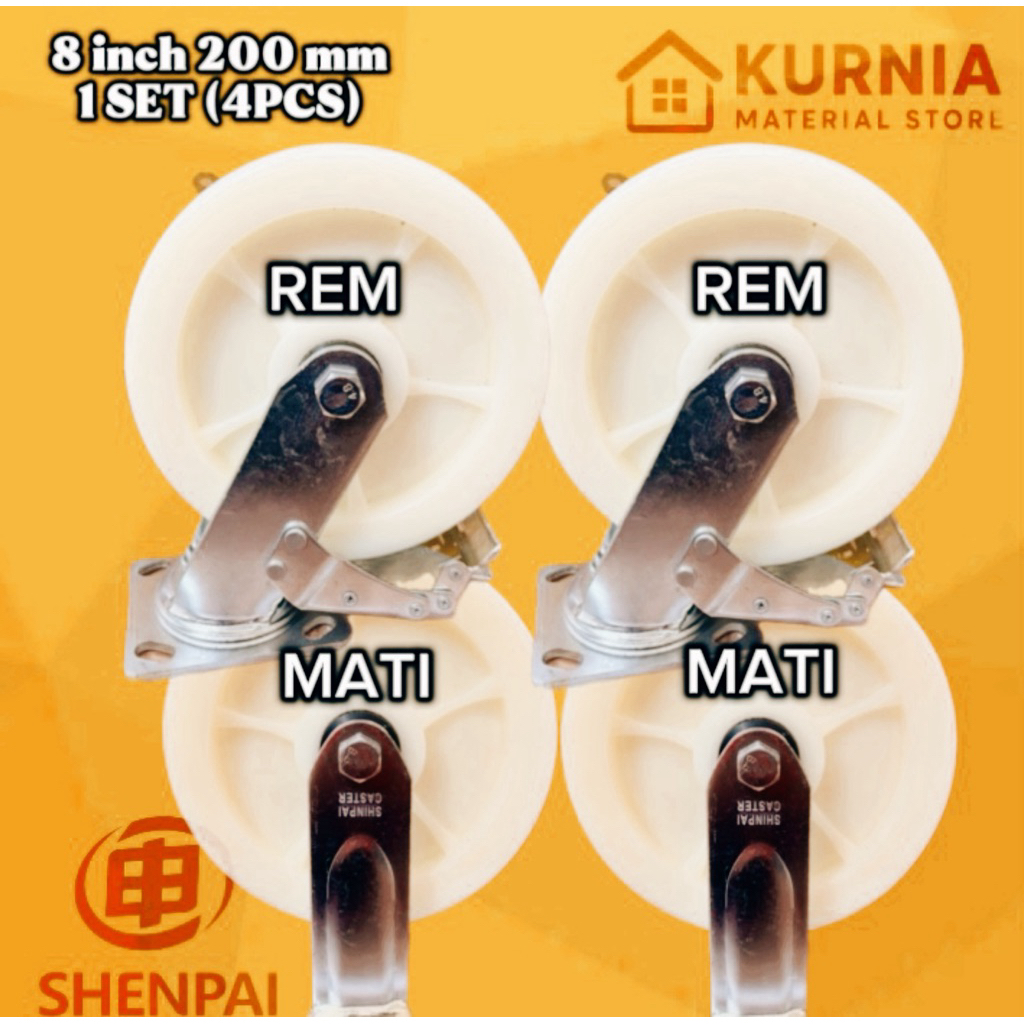 Roda Troli 8 inch 200 mm Nylon Heavy Duty 1 set (4pcs) | 2 Rem + 2 Mati