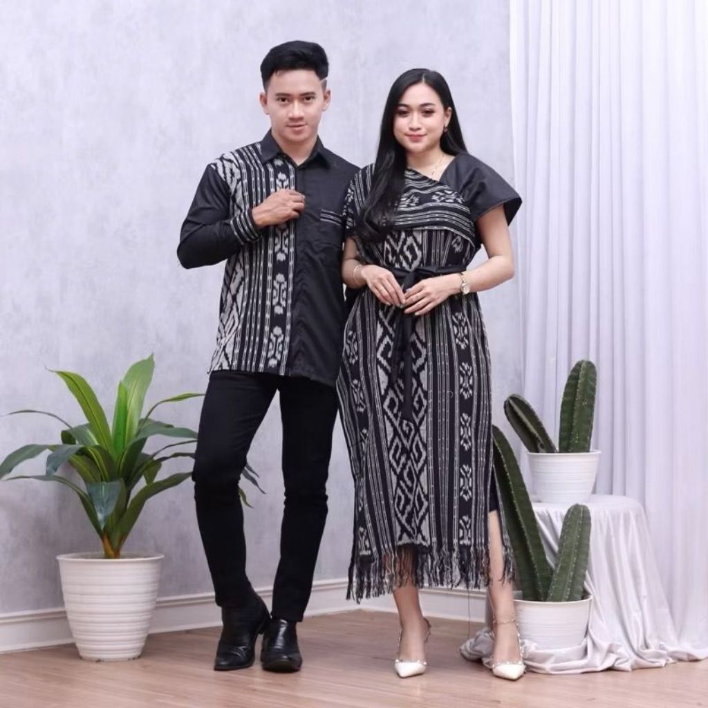 Dress Midi Tenun Ikat Etnik Hitam Putih Kemeja Pria Couple Lengan Pendek Panjang