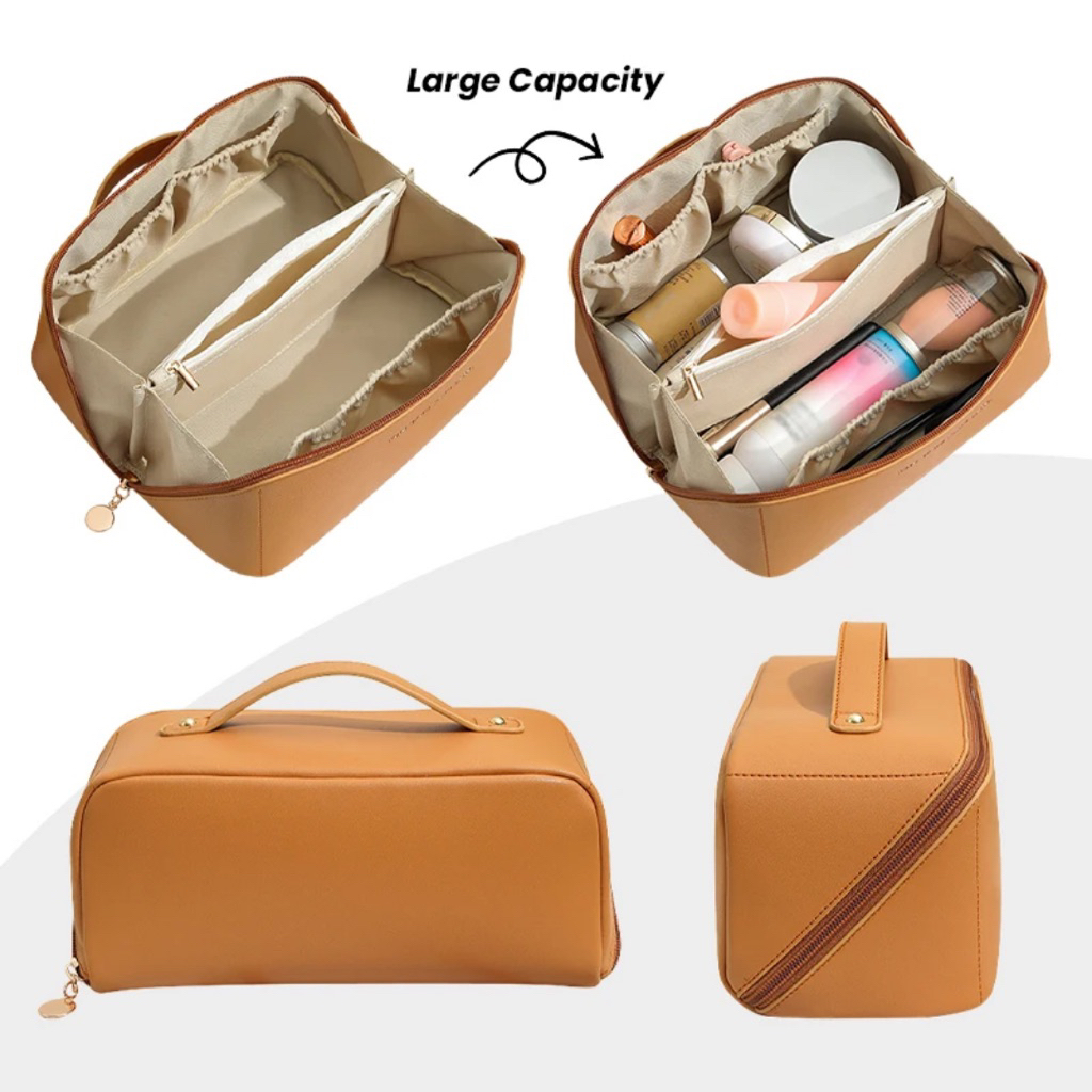 Tas Pouch Wadah Tempat Alat Penyimpanan Kosmetik Travelling Kecil Sedang Polos Kulit PU Simple