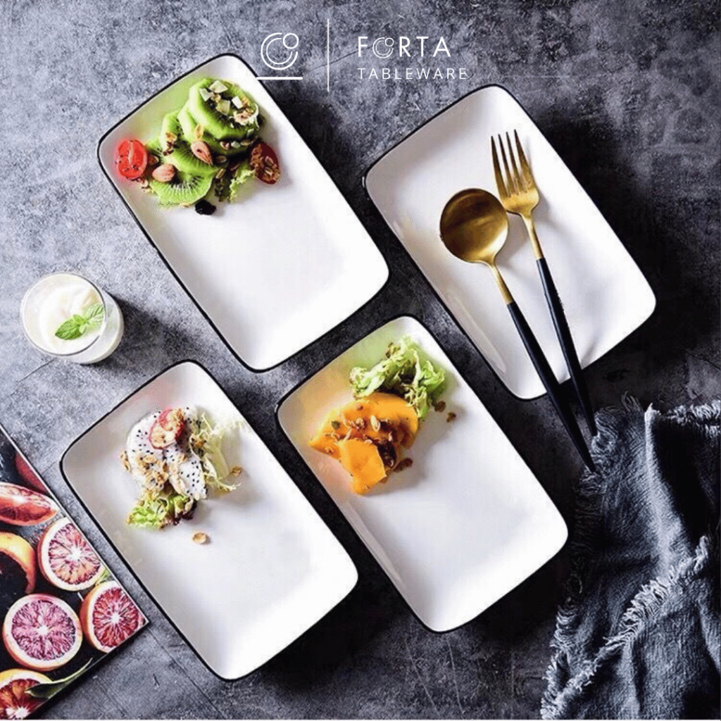 FORTA Piring Saji Segi Panjang Lis Hitam Keramik Premium / Piring Segi Saji Restoran JJ-477