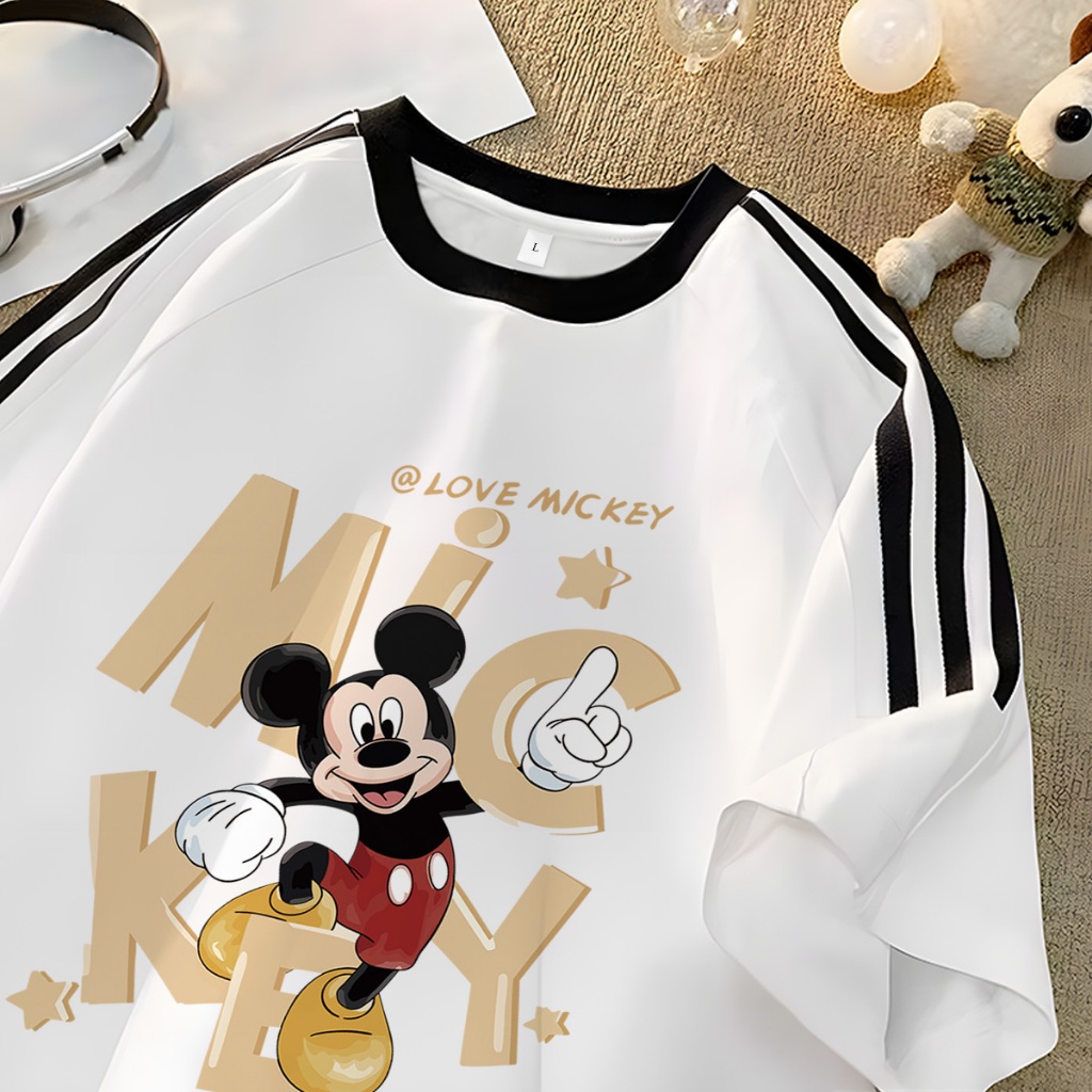 PSO Kaos Stripe Wanita Premium Lengan Pendek Classic cartoon Mickey Mouse Graphic Print Tee T shirt 