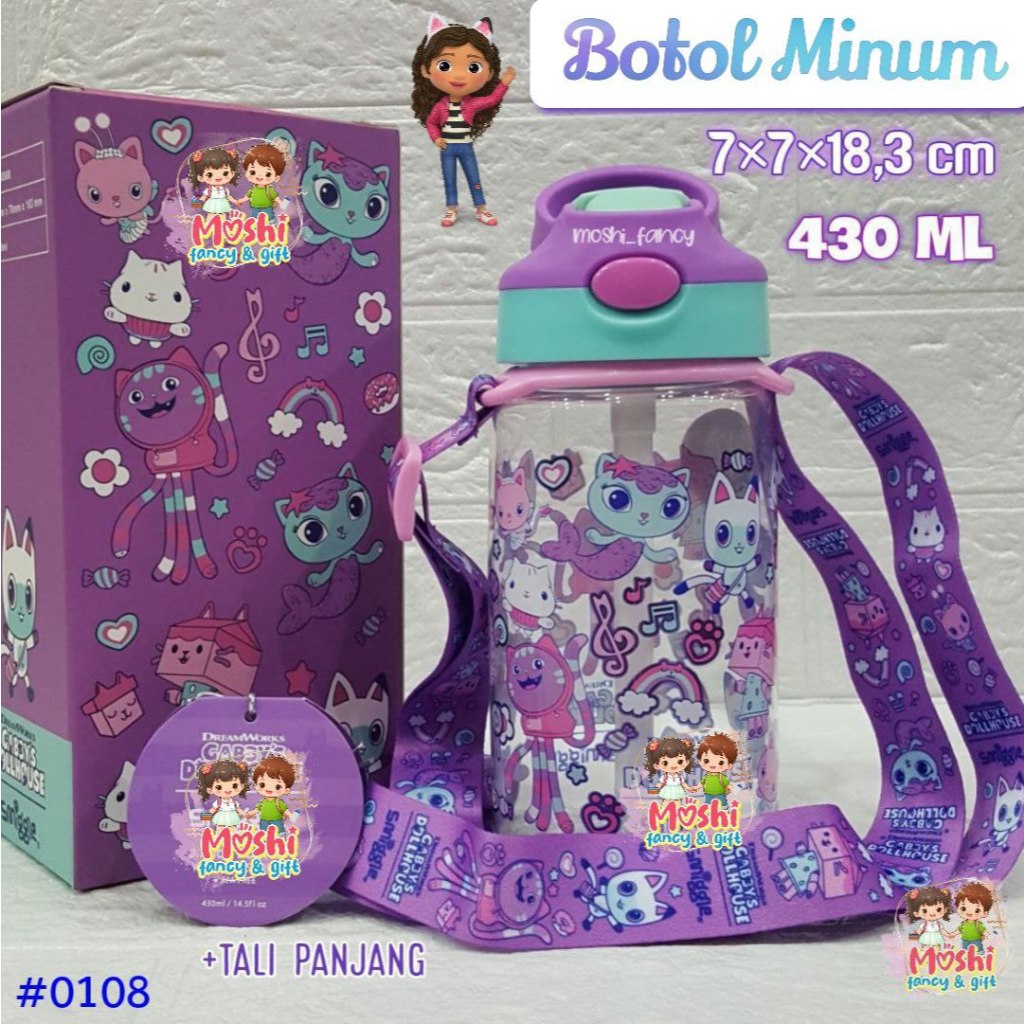 Botol Minum 430 ml dan Tali Panjang motif Gabby doll / Tempat Minum Motif Gabby  / Botol Minum Tali 
