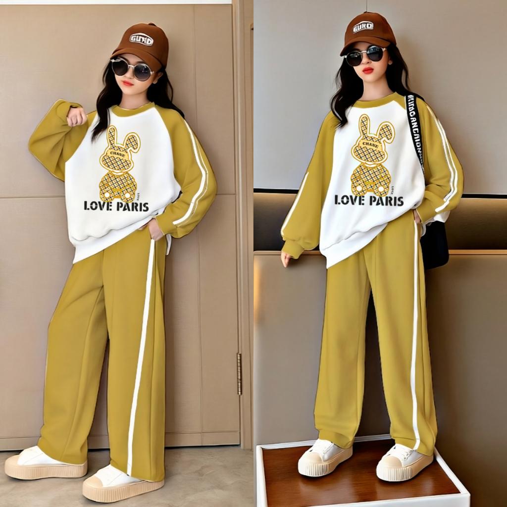 Setelan Anak Perempuan Celana Kulot Lis Putih Love Paris Fleece 3-14 Tahun