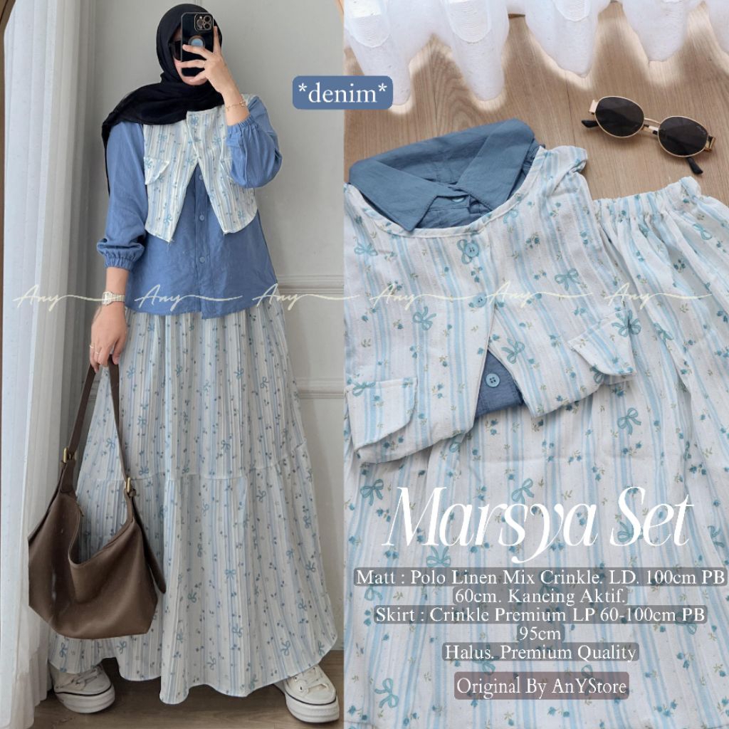 Marsya Set setelan atasan Polo Linen Mix Crinkle dan rok panjang Crinkle Premium outfit kampus kerja