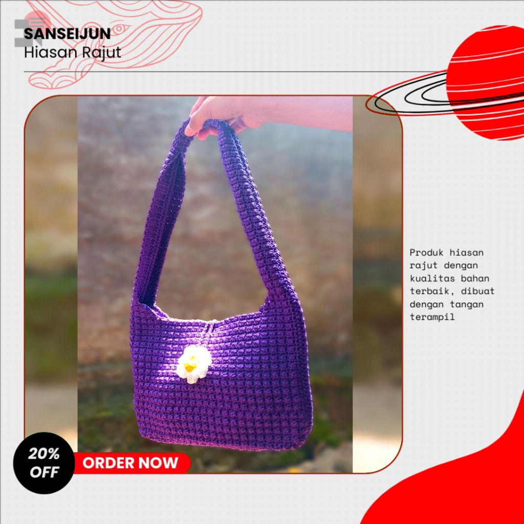 Tas Selempang Rajut Ungu Bunga Ukuran Besar Lucu Tas Wanita