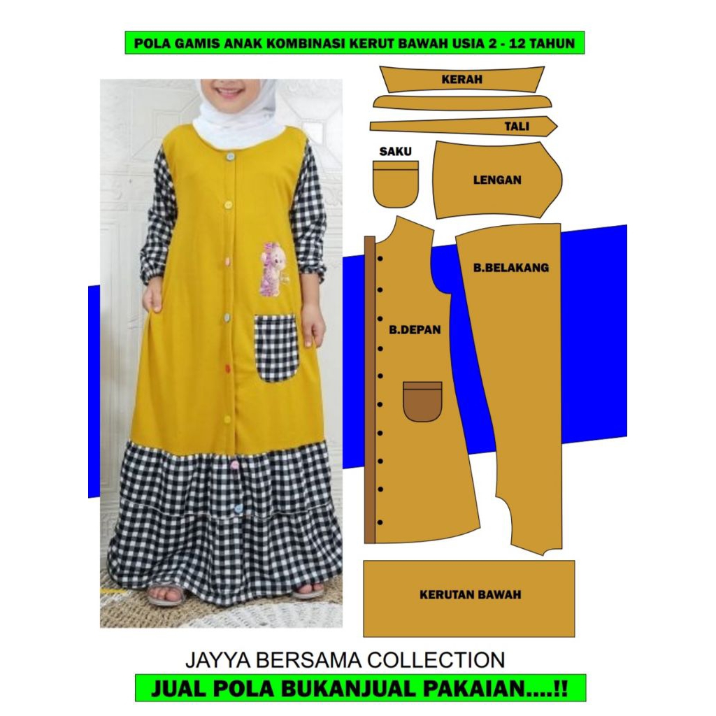 pola gamis anak muslimah kancing depan kerut bawah