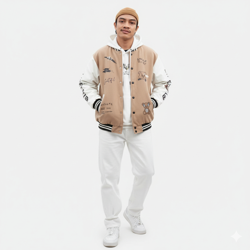 Jaket Baseball Lifestyle Bear Dewasa Unisex Pria Wanita Kain Fleece Kancing