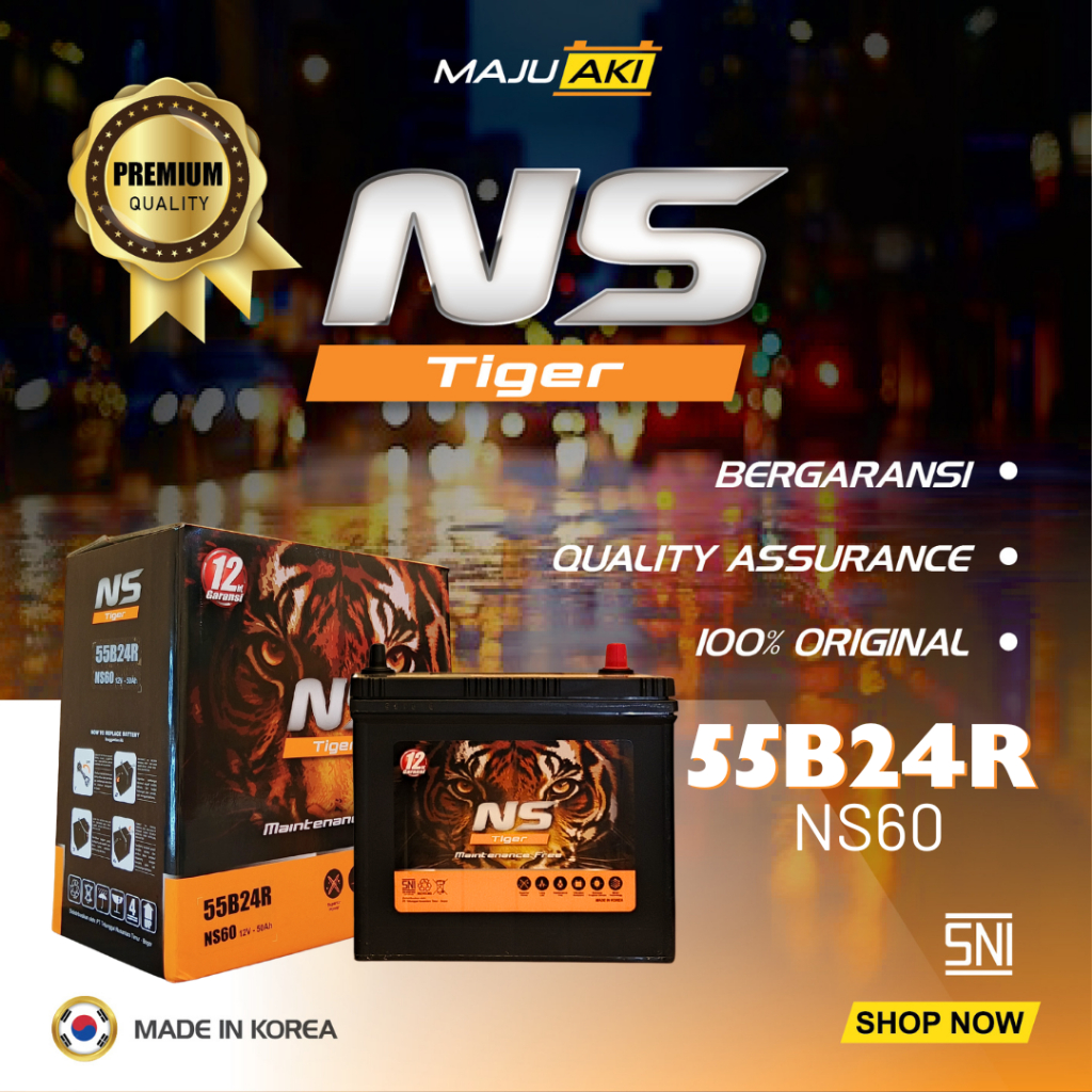 Aki Mobil 50Ah 12V Aki Kering Premium NS Tiger MF NS60 55B24R Tahan Lama Kualitas Korea