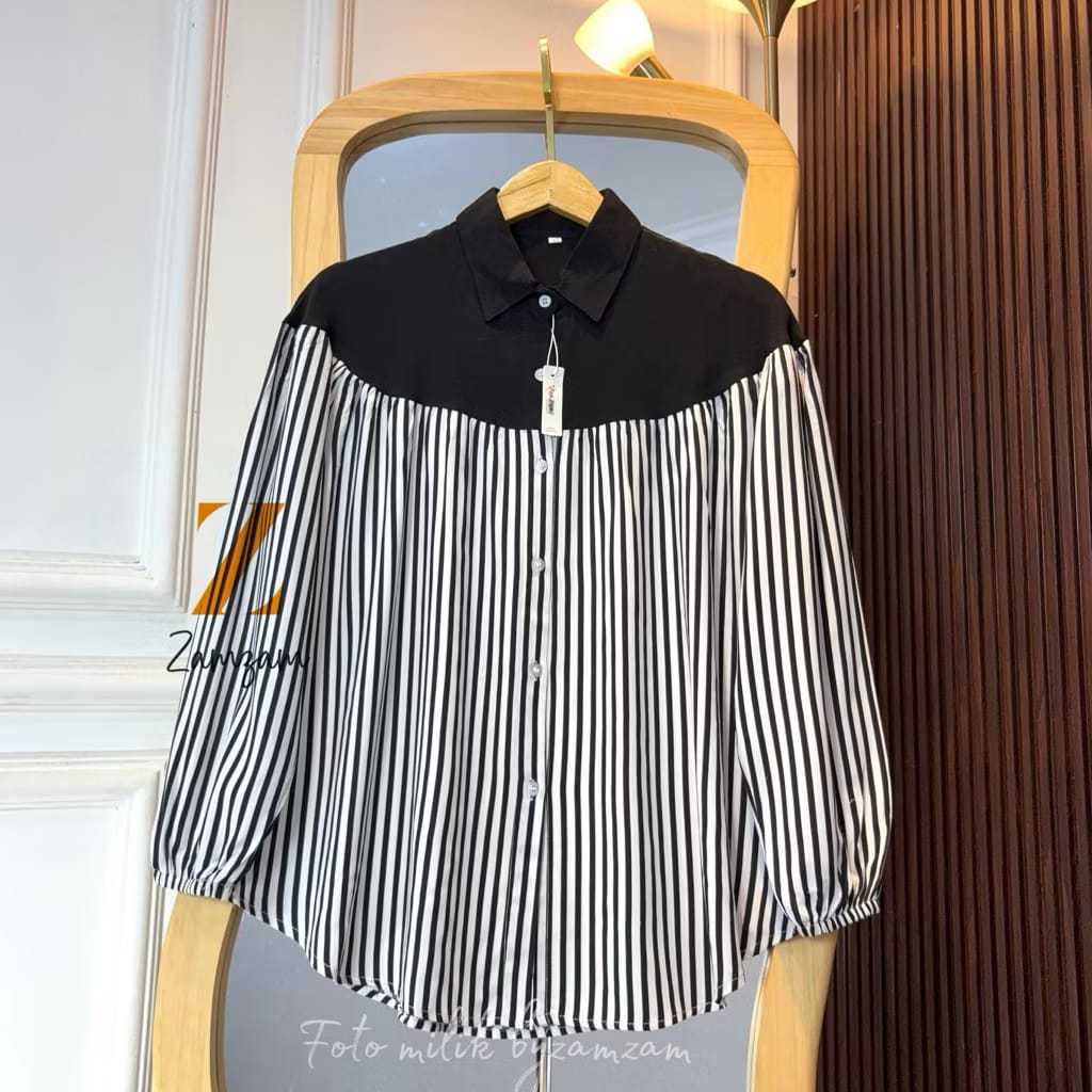 Selina Blouse Wanita Korean Look Rayon Twill Atasan Salur Kombinasi Kemeja Kerja