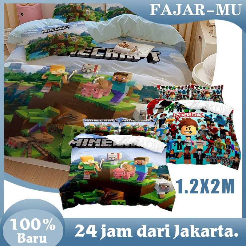 1.2X2M 2Pcs/Set Selimut/Sarung Bantal Katun Minecraft / Selimut Anak Gambar Minecraft