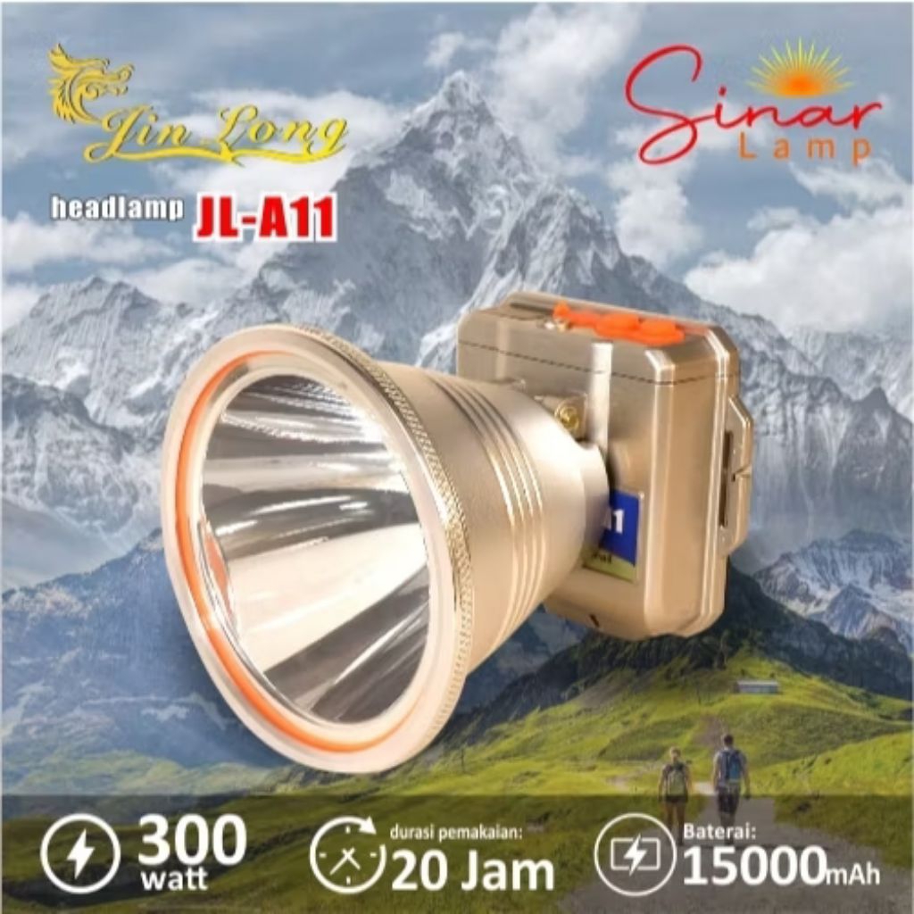 Senter Kepala Super Terang Jinlong JL-A11 300 Watt 15000 mAh Cahaya Putih Ring 100 / Headlamp Jinlon