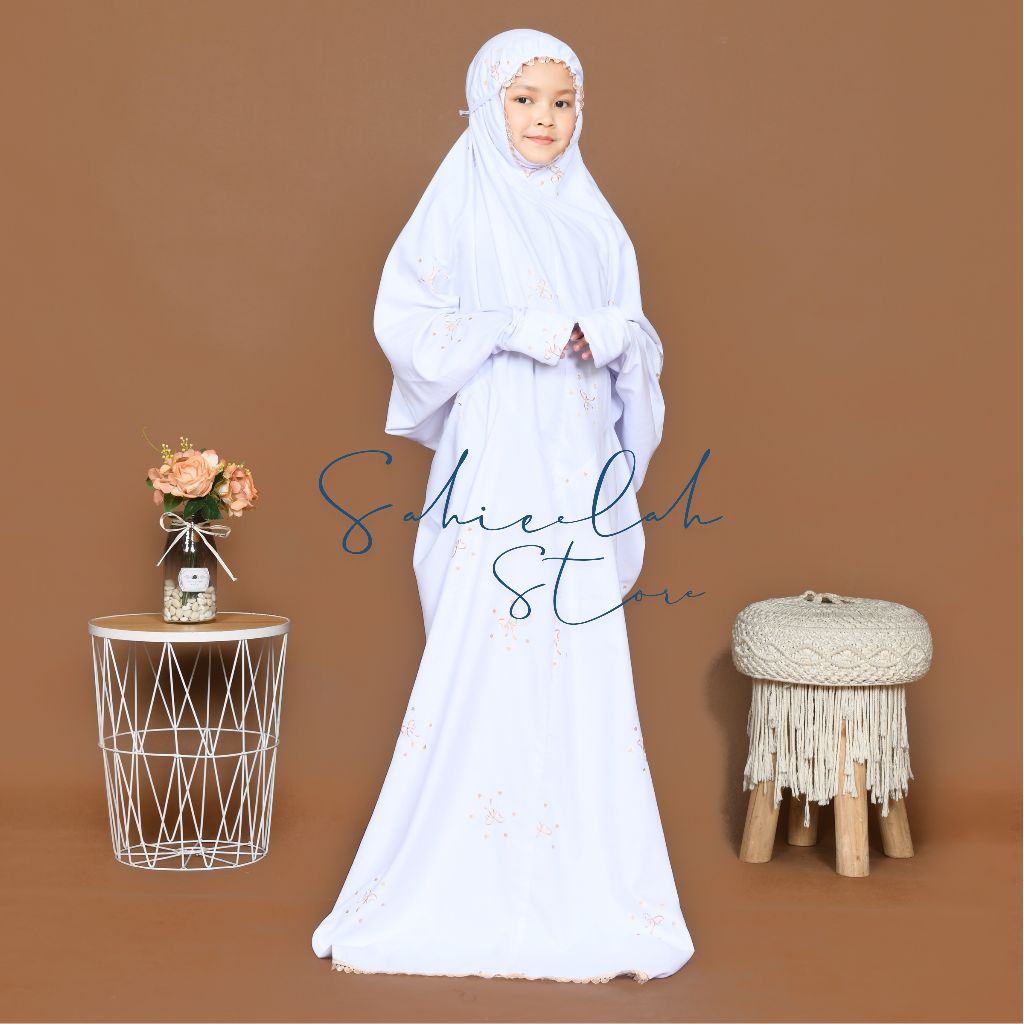 SAHIEELAH - Mukena Terusan Anak  Putih Bordir Pita Aesthetic Anak TK SD Remaja