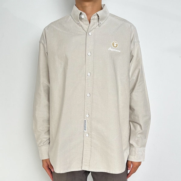 Kemeja AAPE NOW EMBROIDERY PATCH OLIVE BEIGE LONG SHIRT 100% ORIGINAL