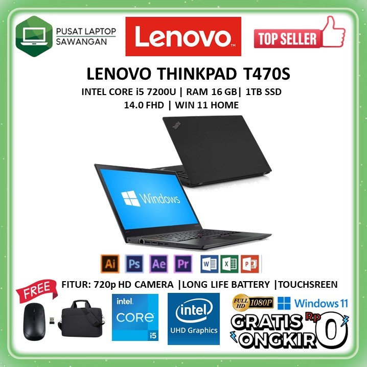 LAPTOP TOUCHSCREEN LENOVO Thinkpad T470S Ram 16GB 1TB SSD Windows 11 Second Bergaransi