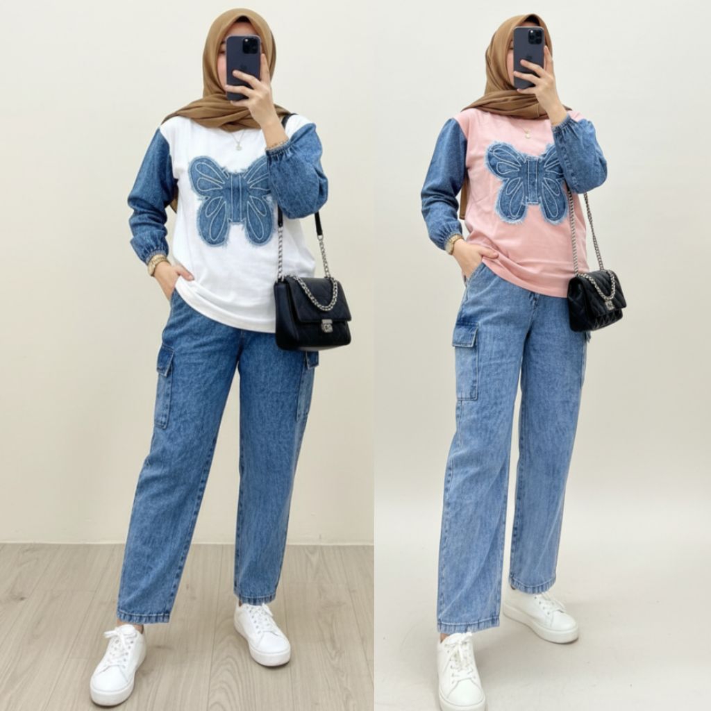 On Set Wanita Setelan Kaos Celana Denim - Set Combed Wanita Oversize Denim - Setelan Kaos Wanita Den