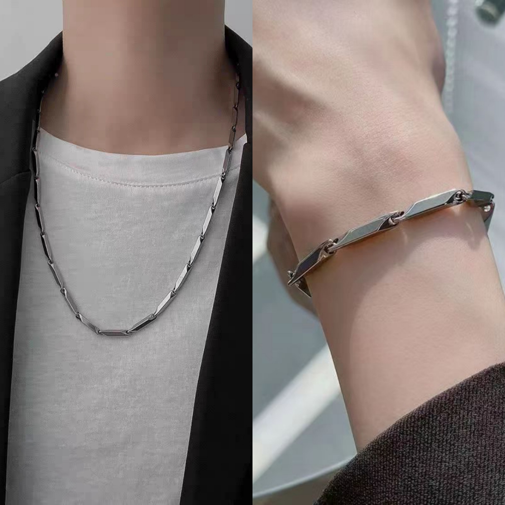 Set Kalung Dan Gelang Baja Titanium Bentuk Berlian Kalung Titanium Anti Karat Model Rantai Padi Pria
