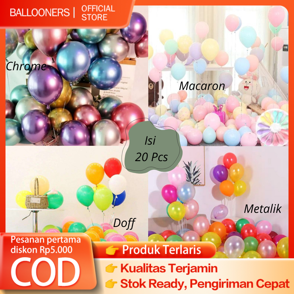 Balon Latex Macaron Doff Metalik Chrome isi 20Pcs 12 Inch Balon Lateks Warna Warni Dekorasi Pesta Wi