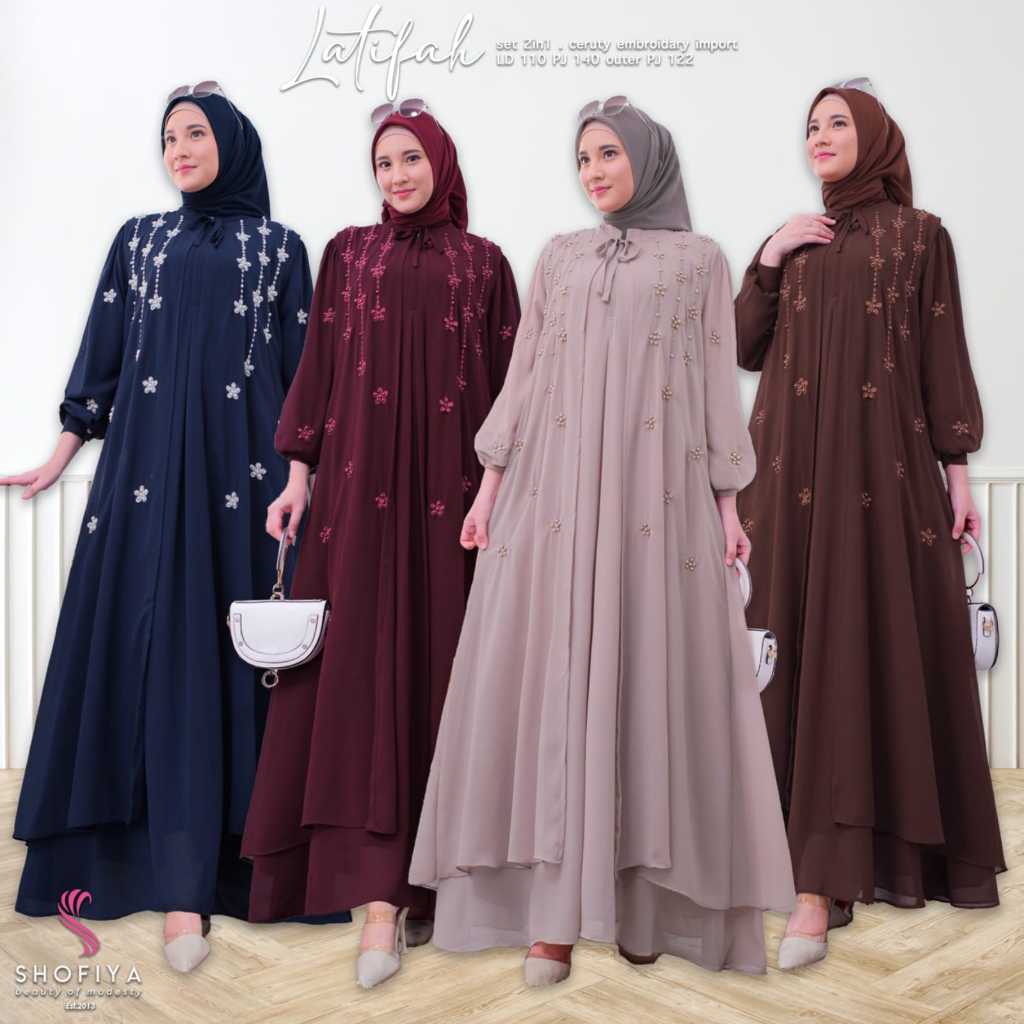 Latifah Set Syar'i Ceruty Bordir Import Premium Baju Gamis Wanita Muslimah Terbaru