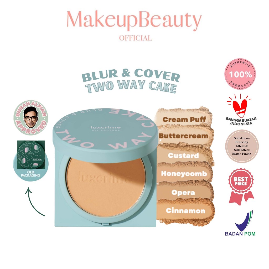 LUXCRIME Oil Control Blur & Cover Two Way Cake - Bedak Foundation Padat High Coverage Untuk Kulit Halus Tanpa Pori Bebas