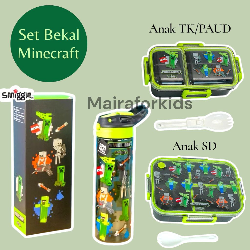Set Bekal Anak TK PAUD SD Karakter Minecraft | Kotak Makan + Botol Minum Minecraft | Set Kotak Makan
