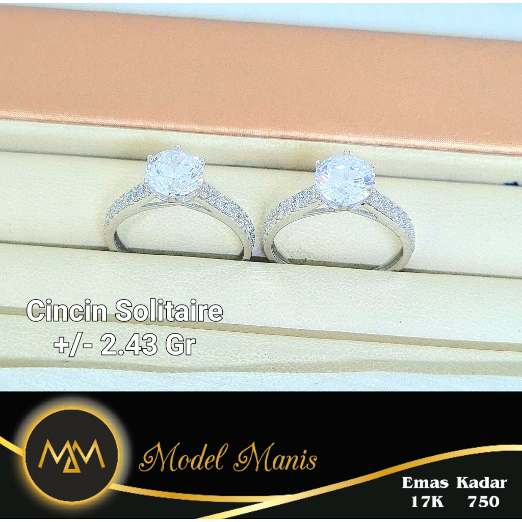 Model Manis Gold - Cincin Solitaire 6 Prongs Double Listring Putih - Emas 17k  750