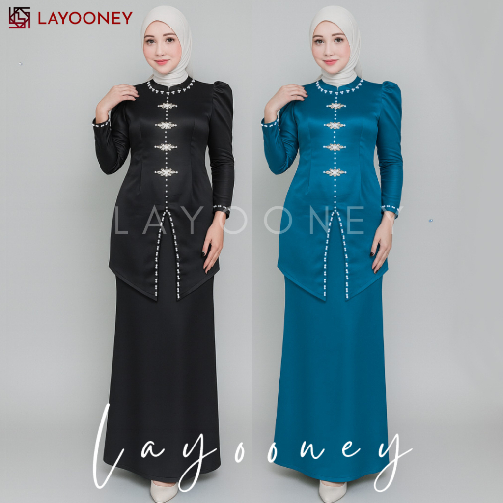 Carline Setelan Baju Kurung Melayu Wanita Slimfit Kondangan Set Tunik Kebaya Pesta Satin Hijau Botol