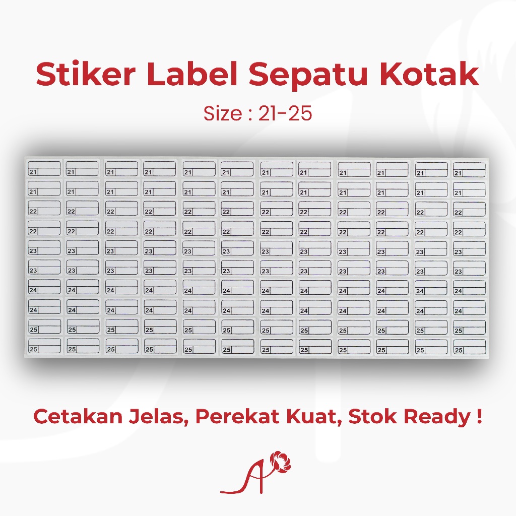 Tempelan Stiker Label Nomor Ukuran Sepatu Sandal Angka Kotak Perlembar (21-43)