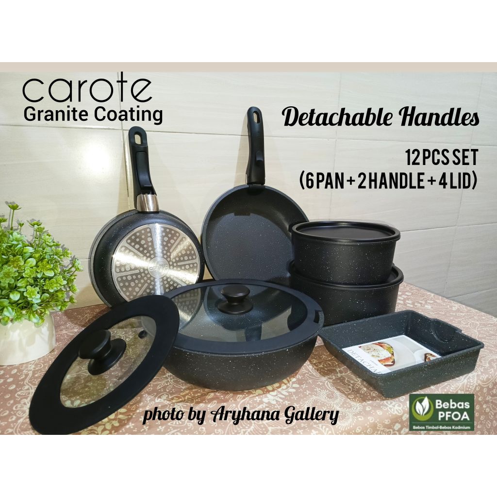 Original CAROTE 12 Pcs /set Black Granite Coating Peralatan Memasak Dengan Gagang Lepas Pasang Memud