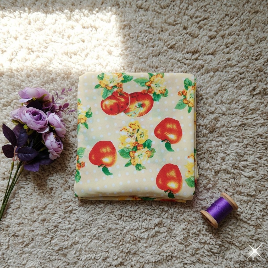 Kain Sifon Ceruty Motif Buah Apel dan Bunga Polkadot | Bahan Dress Blouse Hijab Adem Jatuh Meteran A