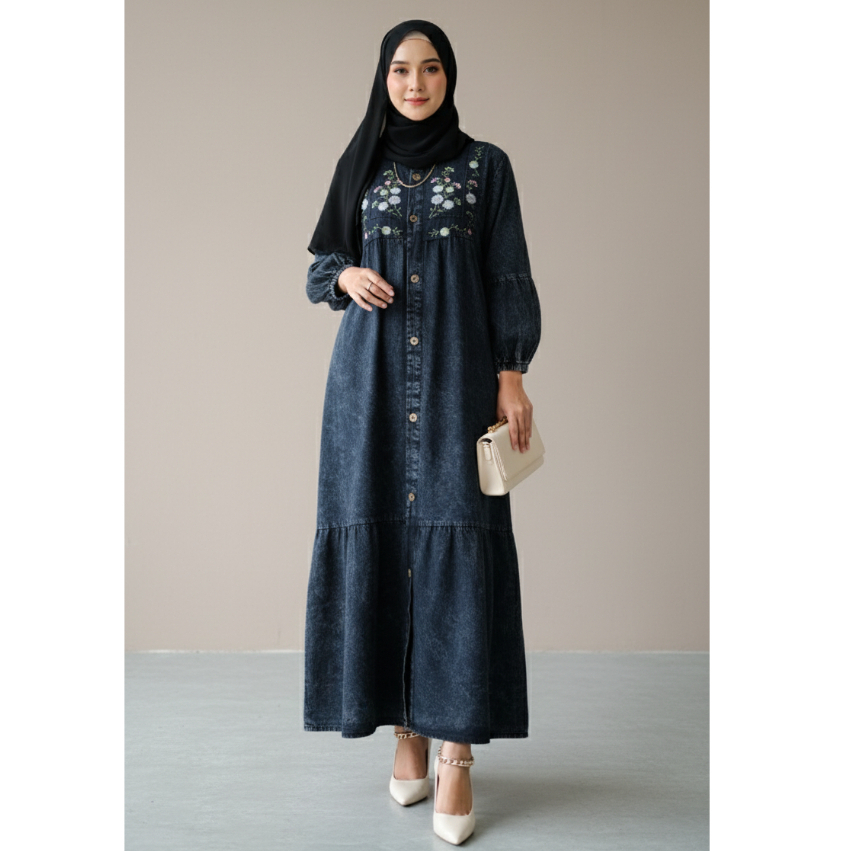 Gamis Dress Jeans Syar i Wanita Terbaru 2025 Kondangan Kekinian Bordir Premium Brand Maxy