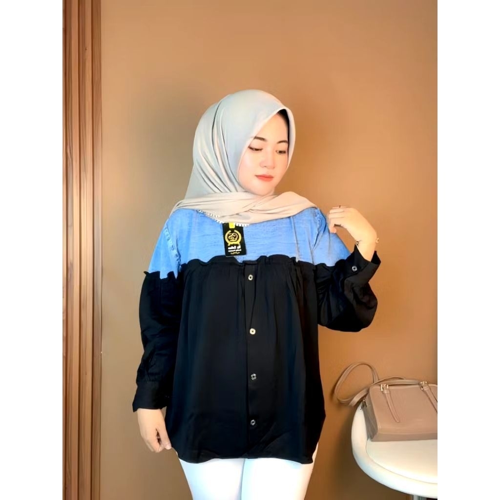 Zelva Blouse Kemeja Jeans Mix Rayon Twill Baju Atasan Wanita Jeans Kemeja Wanita Kombinasi
