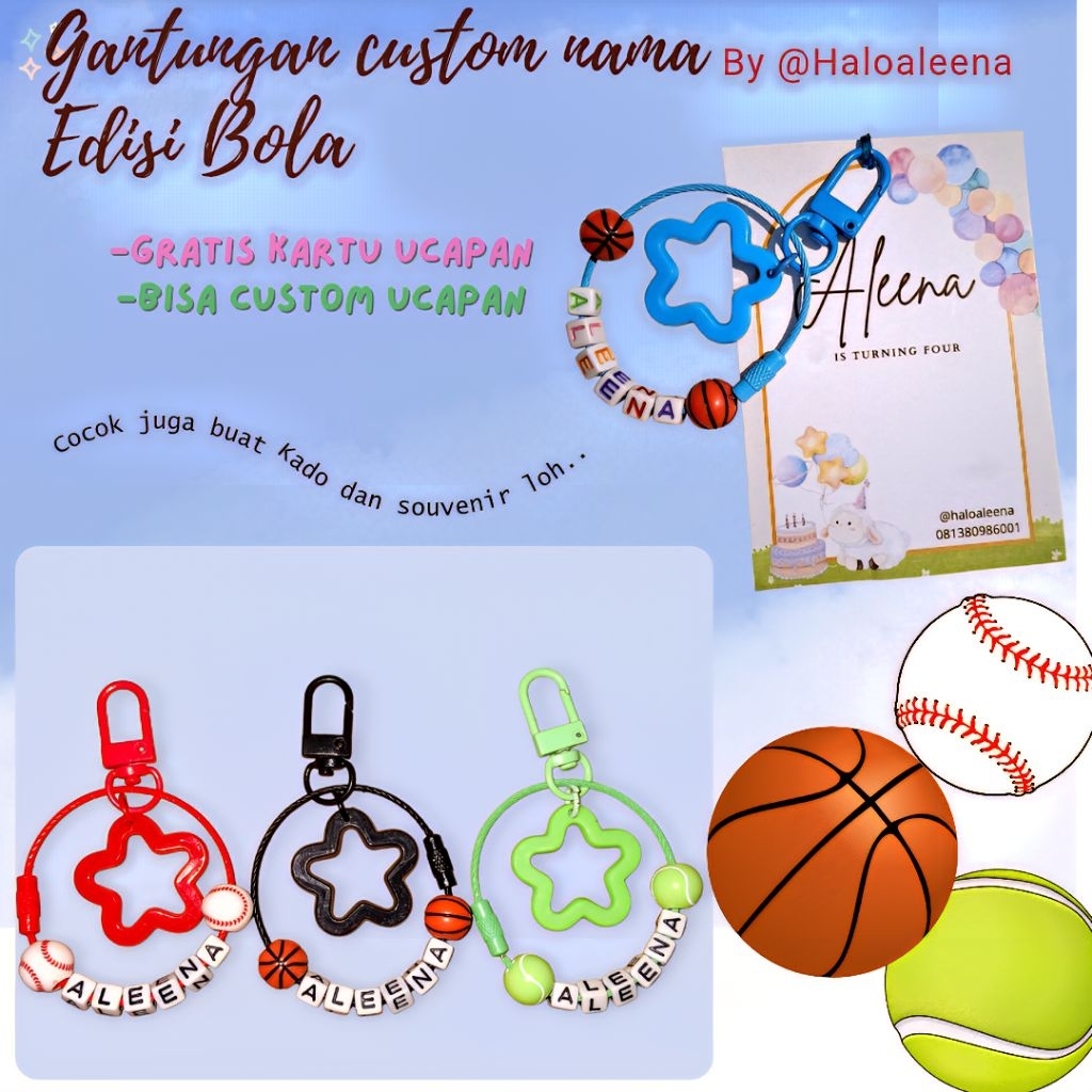 [Haloaleena] Gantungan tas custom nama edisi bola / bagcharm edisi bola / keychain custom nama
