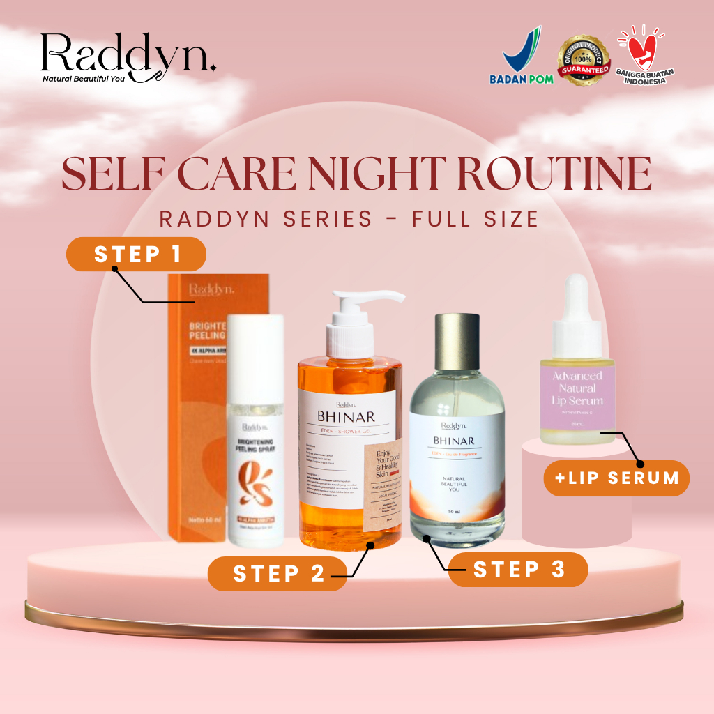RADDYN Night Routine - Paket Body Care 1 Set Full Size - Peeling Spray + Shower Gel + Parfume