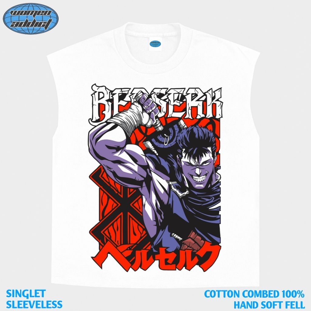 KAOS BAJU SINGLET BERSERK | SINGLET PUTIH | SINGLET BAND | KAOS BAND | BAND METAL | LEKBONG PRIA | L